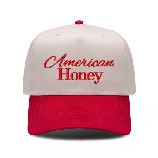 American Honey embroidered hat in Red / Natural, front view.