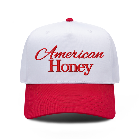 American Honey embroidered hat in Red / White, front view.