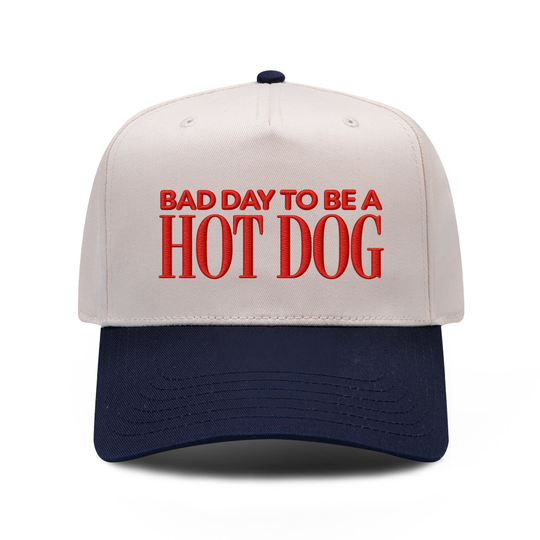 Bad Day To Be A Hot Dog embroidered hat in Navy / Natural, front view.