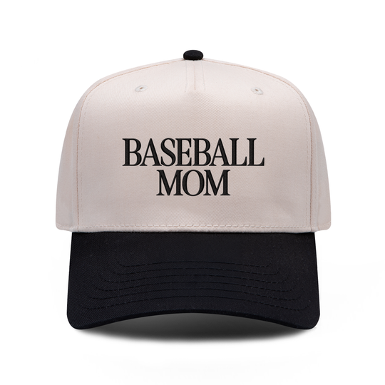 BASEBALL MOM embroidered hat in black and natural, front view