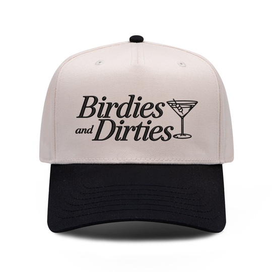 Birdies and Dirties embroidered hat in black and natural, front view