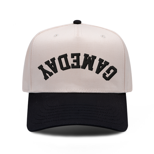 GAMEDAY Upside Down embroidered hat in black and natural, front view