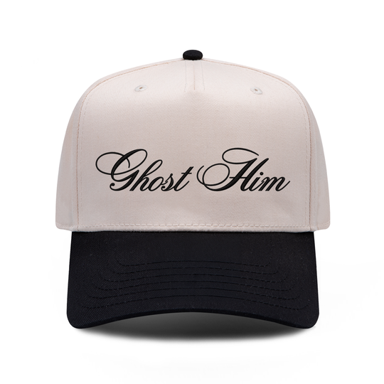 Ghost Him embroidered hat in black and natural, front view