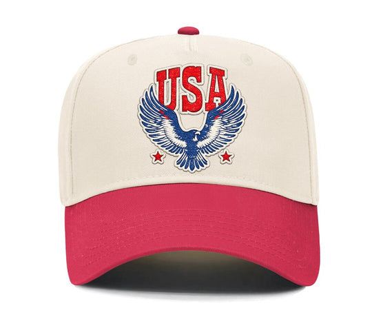 USA eagle embroidered trucker hat - cream with red brim