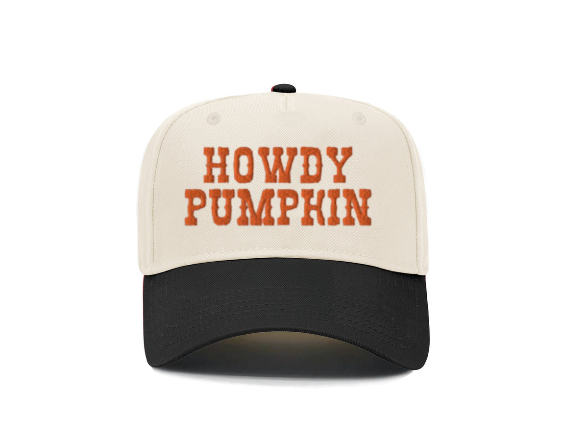 Howdy Pumpkin embroidered snapback hat, natural front with black brim and orange lettering