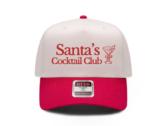 Santa's Cocktail Club embroidered snapback hat, natural front with red brim, red lettering and martini glass