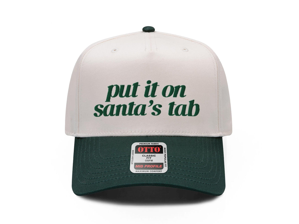 Put It on Santa's Tab embroidered snapback hat, natural front with green brim and green lettering