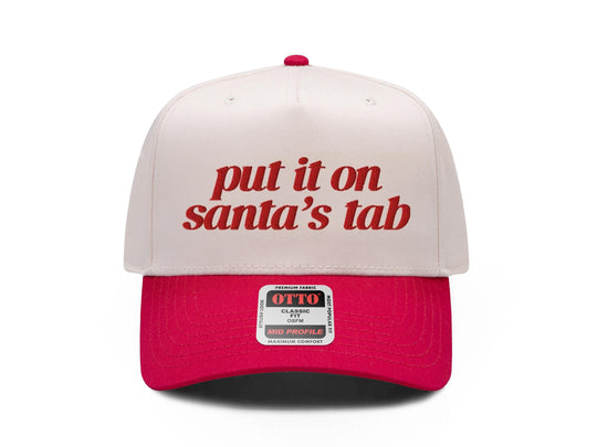Put It on Santa's Tab embroidered snapback hat, natural front with red brim and red lettering