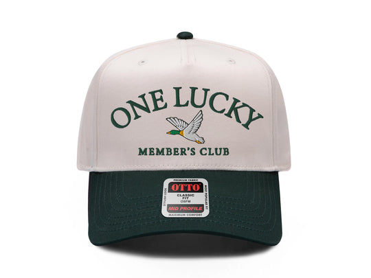 One Lucky Member's Club embroidered snapback hat with mallard duck, natural front with green brim