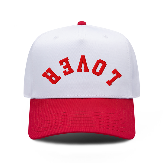 LOVER Upside Down embroidered hat in Red / White, front view.