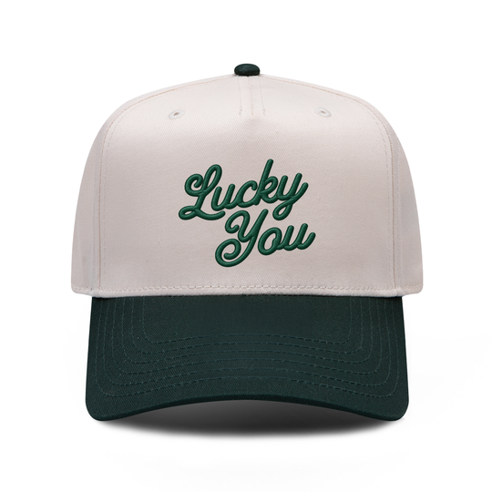 Lucky You embroidered hat in Dark Green / Natural, front view.