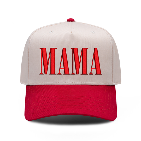 MAMA Tall Serif embroidered hat in Red / Natural, front view.
