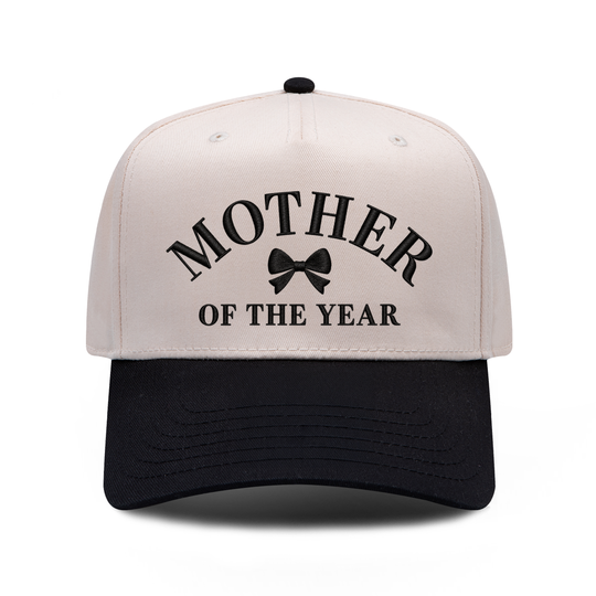 Mother Of The Year embroidered hat in black and natural, front view