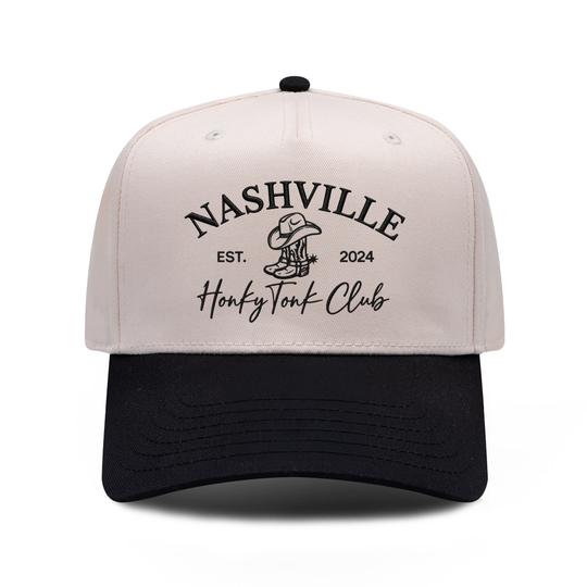 Nashville Honky Tonk Club embroidered hat in black and natural, front view