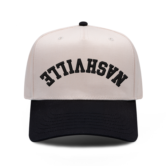 NASHVILLE Upside Down embroidered hat in black and natural, front view