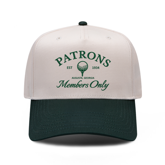 PATRONS Members Only embroidered hat in Dark Green / Natural, front view.