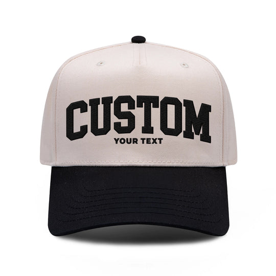 Custom embroidered OTTO 31-069 snapback in Black / Natural with black block CUSTOM lettering and YOUR TEXT underneath