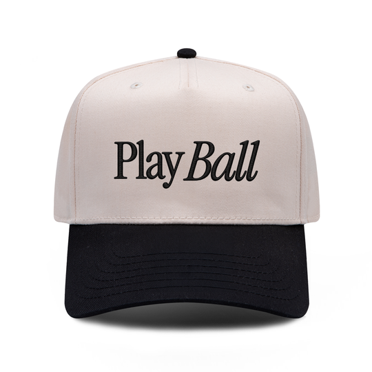 Play Ball embroidered hat in black and natural, front view