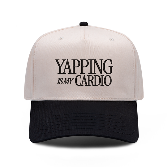 Yapping Is My Cardio embroidered hat in black and natural, front view