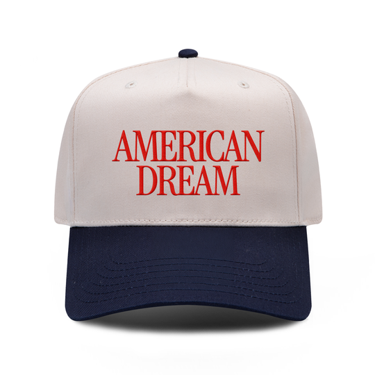 American Dream embroidered hat in Navy / Natural, front view.
