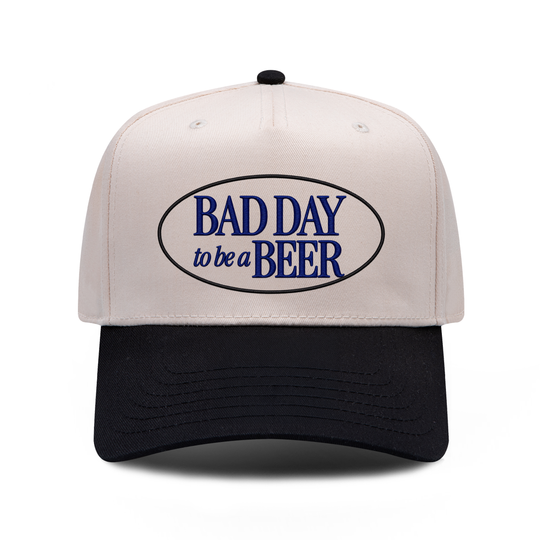 Bad Day To Be a Beer embroidered hat in black and natural, front view