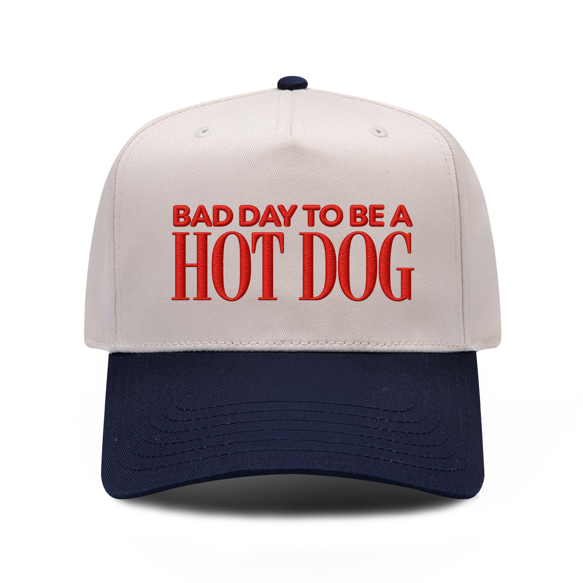 Bad Day To Be A Hot Dog embroidered hat in Navy / Natural, front view.