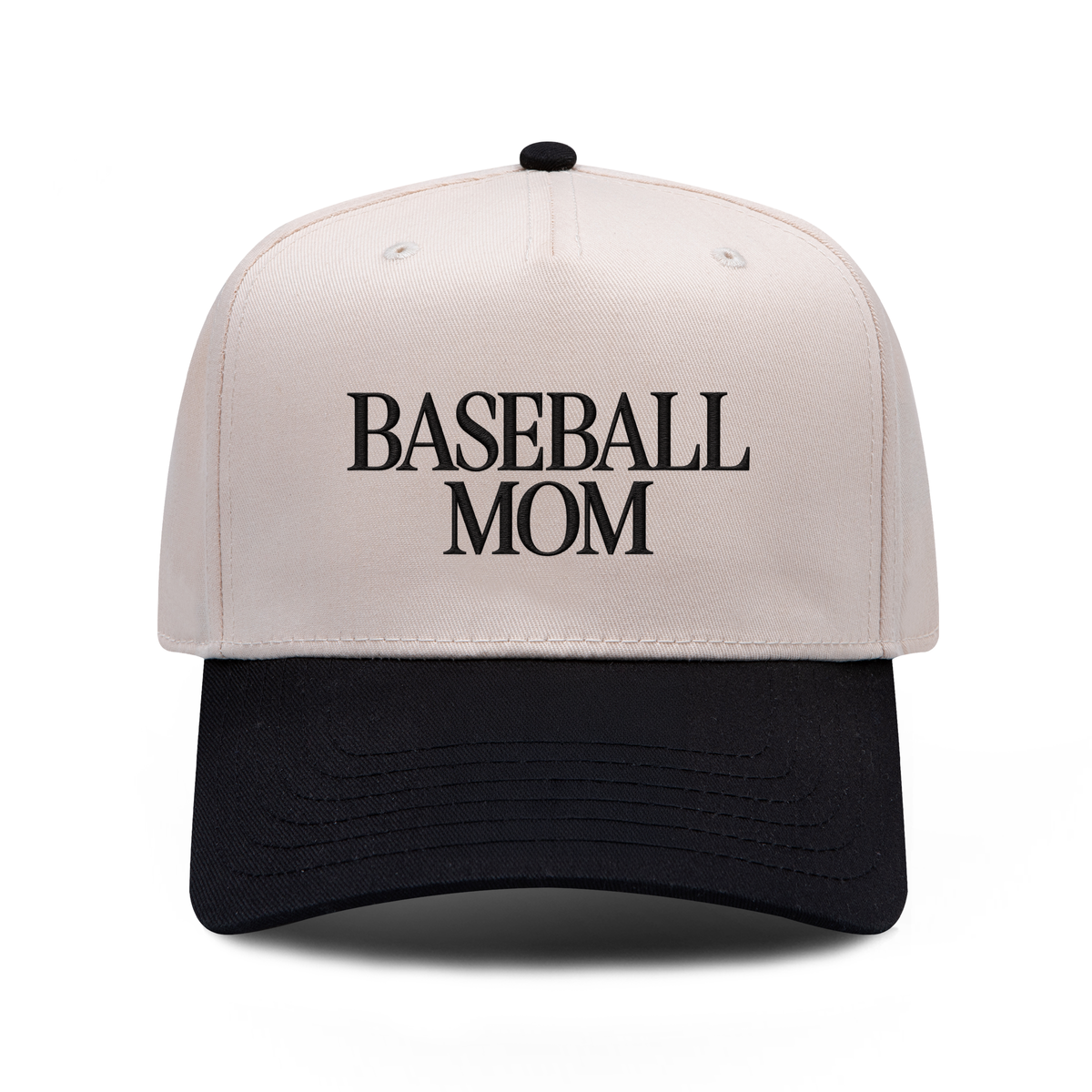 BASEBALL MOM embroidered hat in black and natural, front view