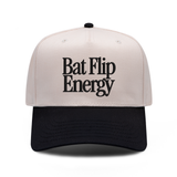 Bat Flip Energy embroidered hat in black and natural, front view
