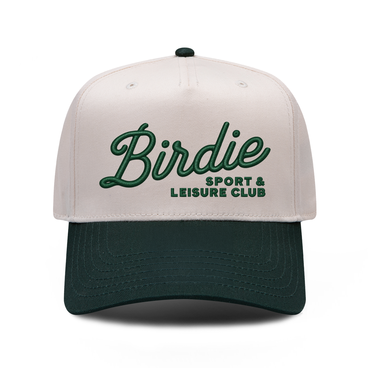 Birdie Sport And Leisure Club embroidered hat in Dark Green / Natural, front view.