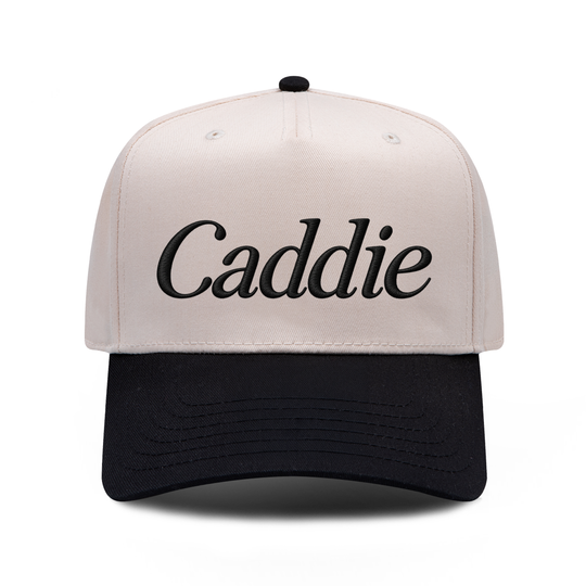 Caddie embroidered hat in black and natural, front view