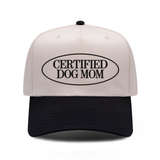 Certified Dog Mom embroidered hat in black and natural, front view