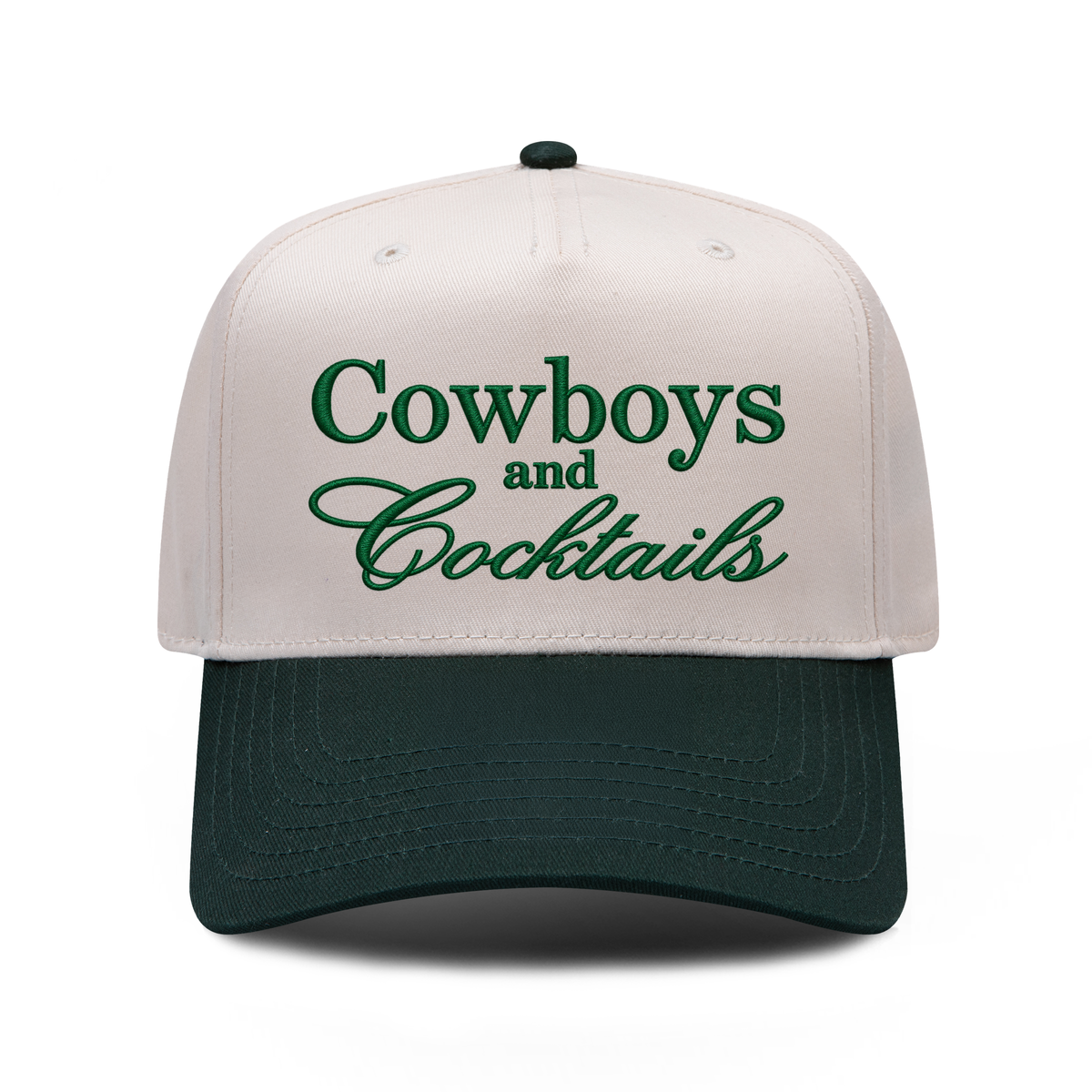 Cowboys and Cocktails embroidered hat in Dark Green / Natural, front view.