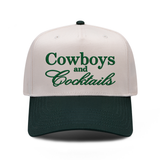 Cowboys and Cocktails embroidered hat in Dark Green / Natural, front view.