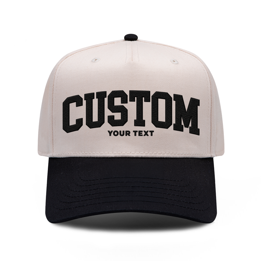 CUSTOM YOUR TEXT embroidered hat in black and natural, front view