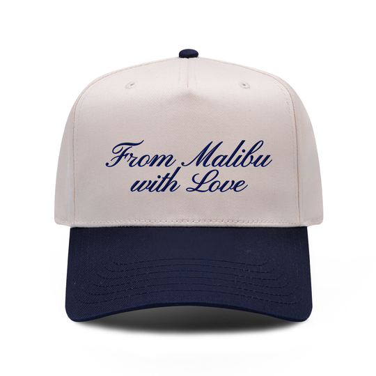 From Malibu with Love embroidered hat in Navy / Natural, front view.