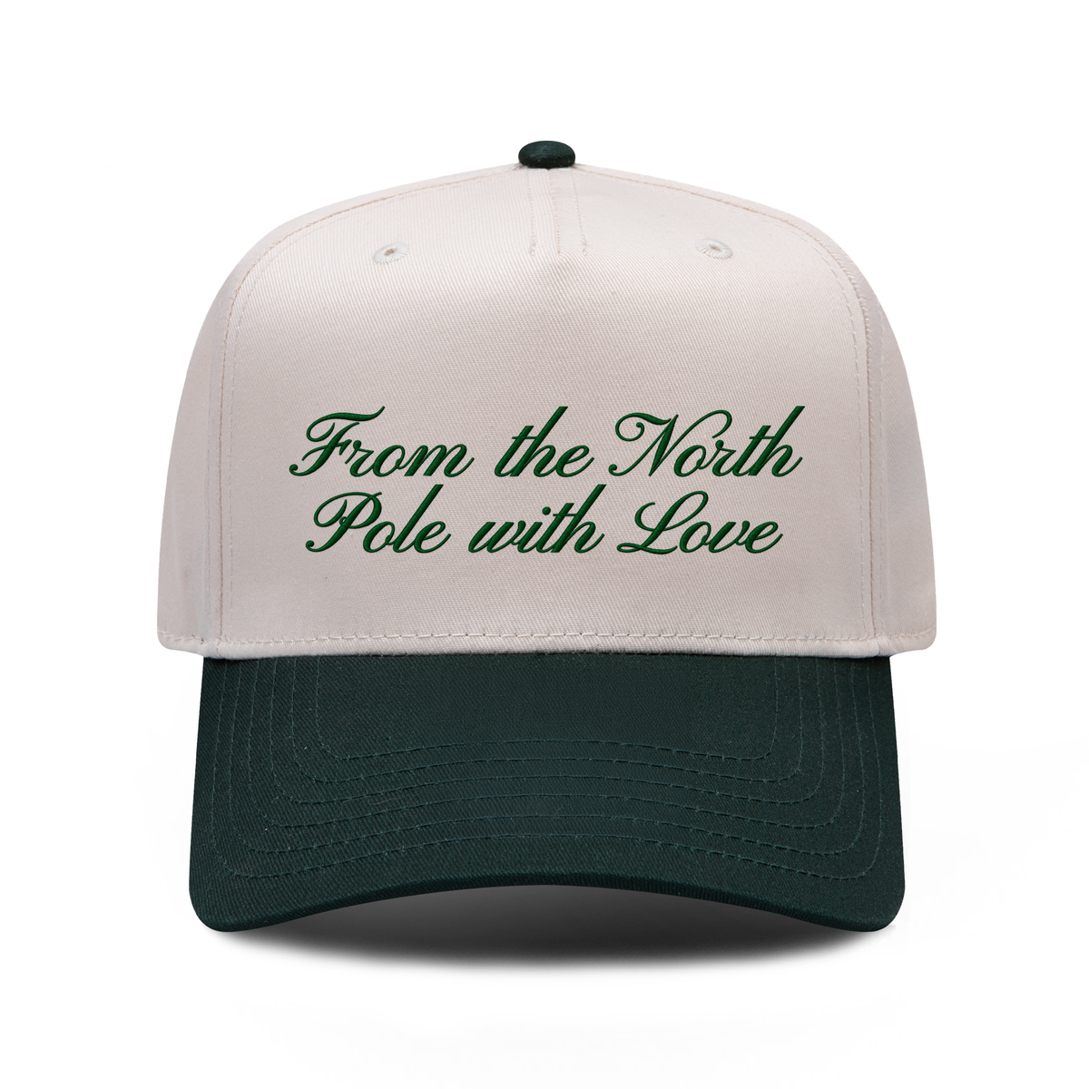 From The North Pole With Love embroidered hat in Dark Green / Natural, front view.