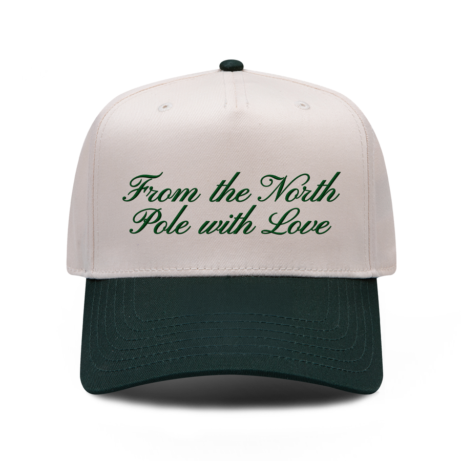 From The North Pole With Love embroidered hat in Dark Green / Natural, front view.