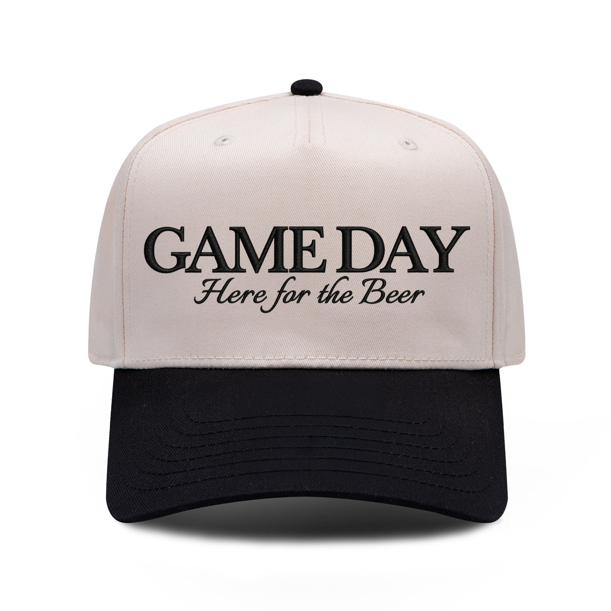 Game Day Here For The Beer embroidered hat in black and natural, front view