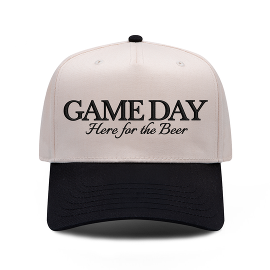 Game Day Here For The Beer embroidered hat in black and natural, front view