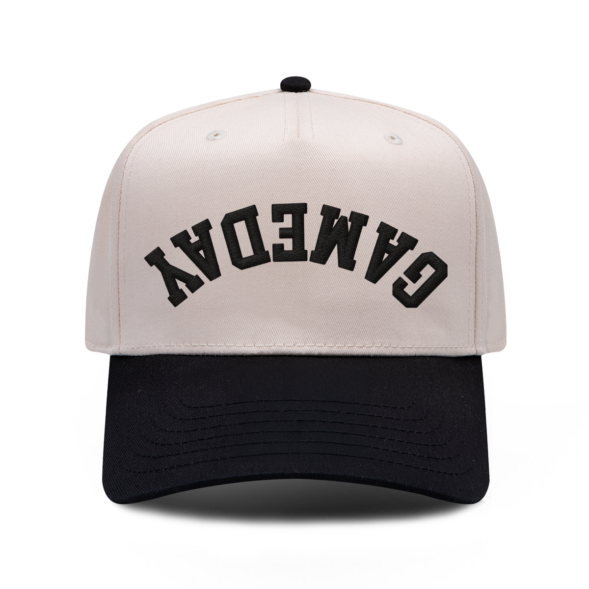 GAMEDAY Upside Down embroidered hat in black and natural, front view