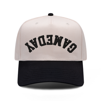 GAMEDAY Upside Down embroidered hat in black and natural, front view