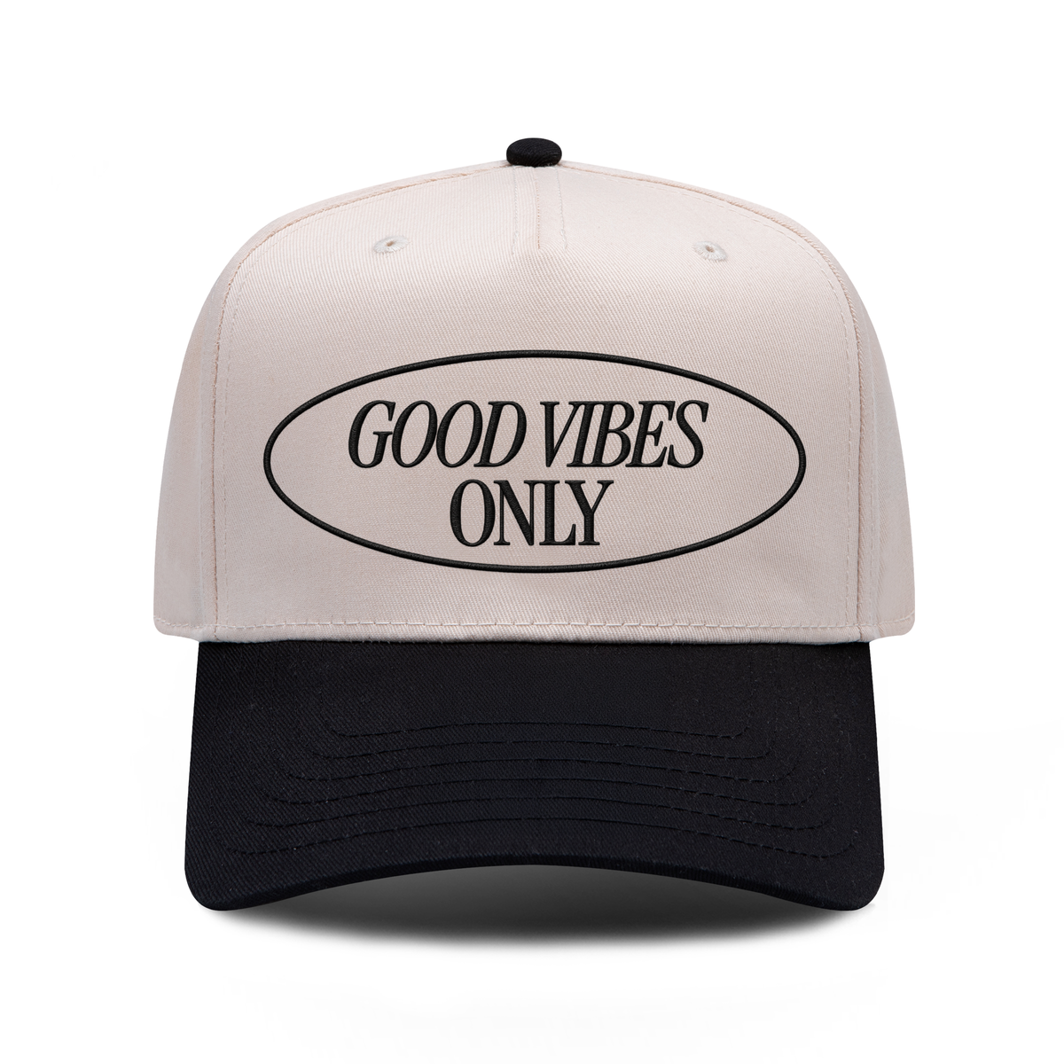 GOOD VIBES ONLY embroidered hat in black and natural, front view