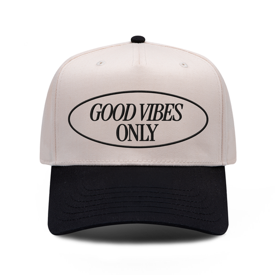 GOOD VIBES ONLY embroidered hat in black and natural, front view