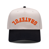 GRATEFUL Upside Down embroidered hat in black and natural, front view
