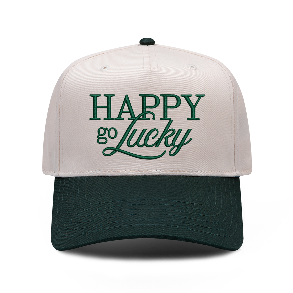 Happy Go Lucky embroidered hat in Dark Green / Natural, front view.