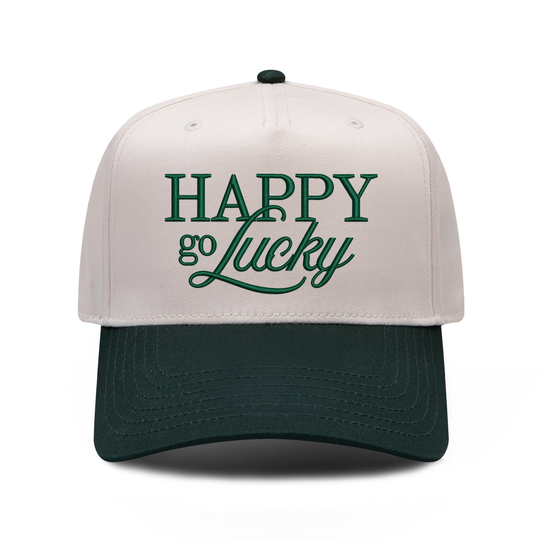 Happy Go Lucky embroidered hat in Dark Green / Natural, front view.