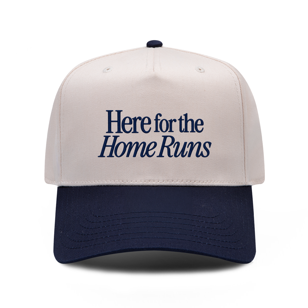 Here for the Home Runs embroidered hat in Navy / Natural, front view.