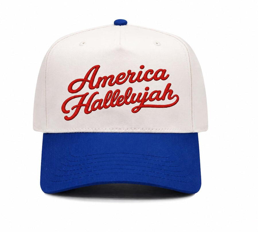 America Hallelujah embroidered two tone trucker hat - cream and royal blue