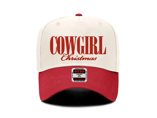 Cowgirl Christmas embroidered snapback hat, natural front with red brim and red lettering