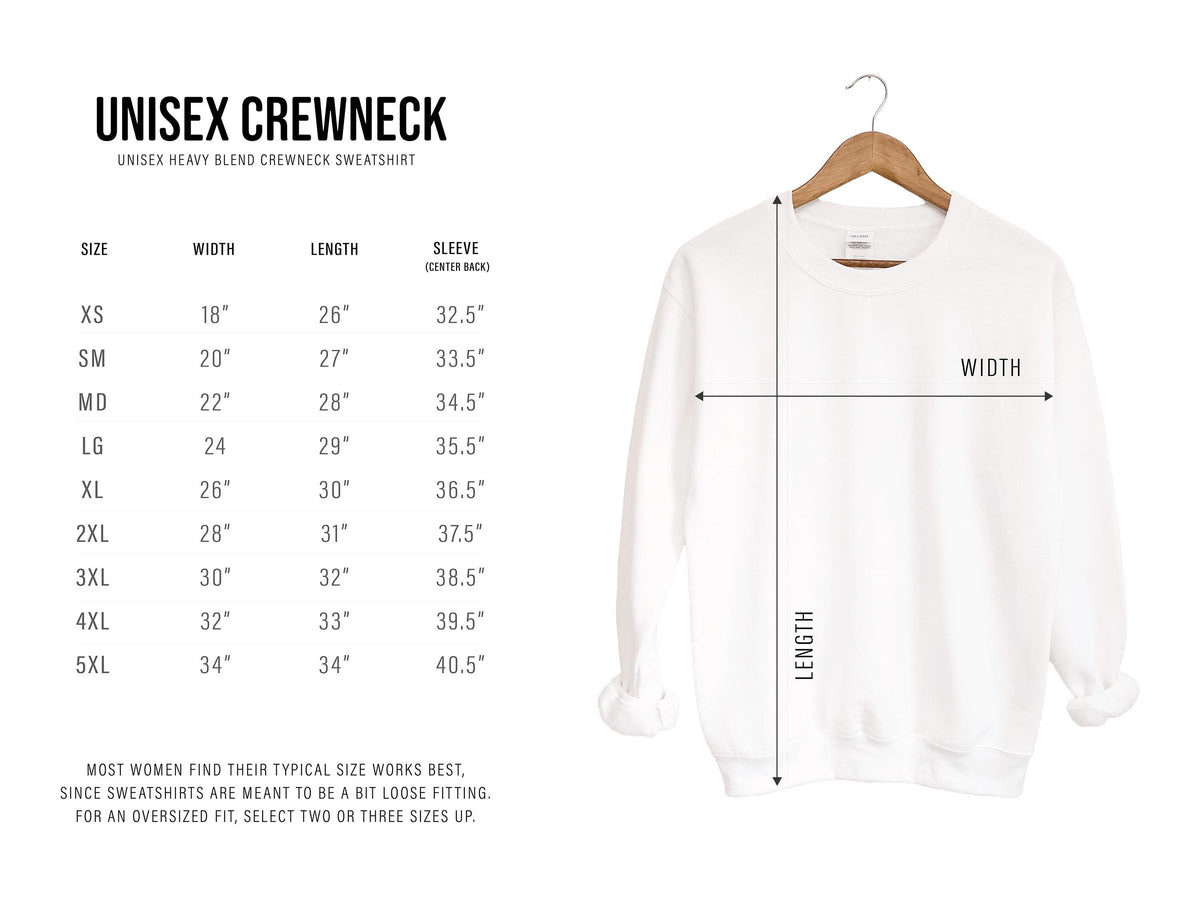 Unisex crewneck size chart, XS to 5XL